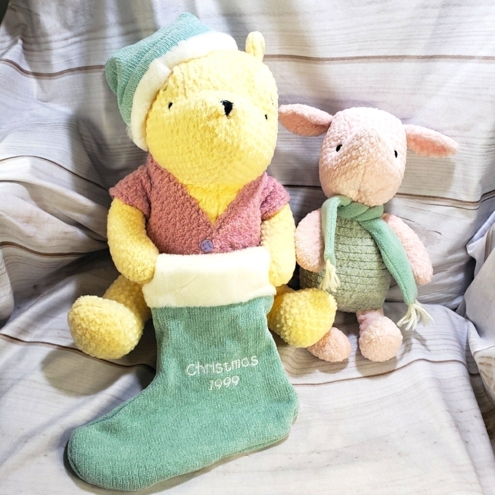 1999 Disney Store Chenille Winnie The Pooh & Piglet Christmas Stuffed Animals
